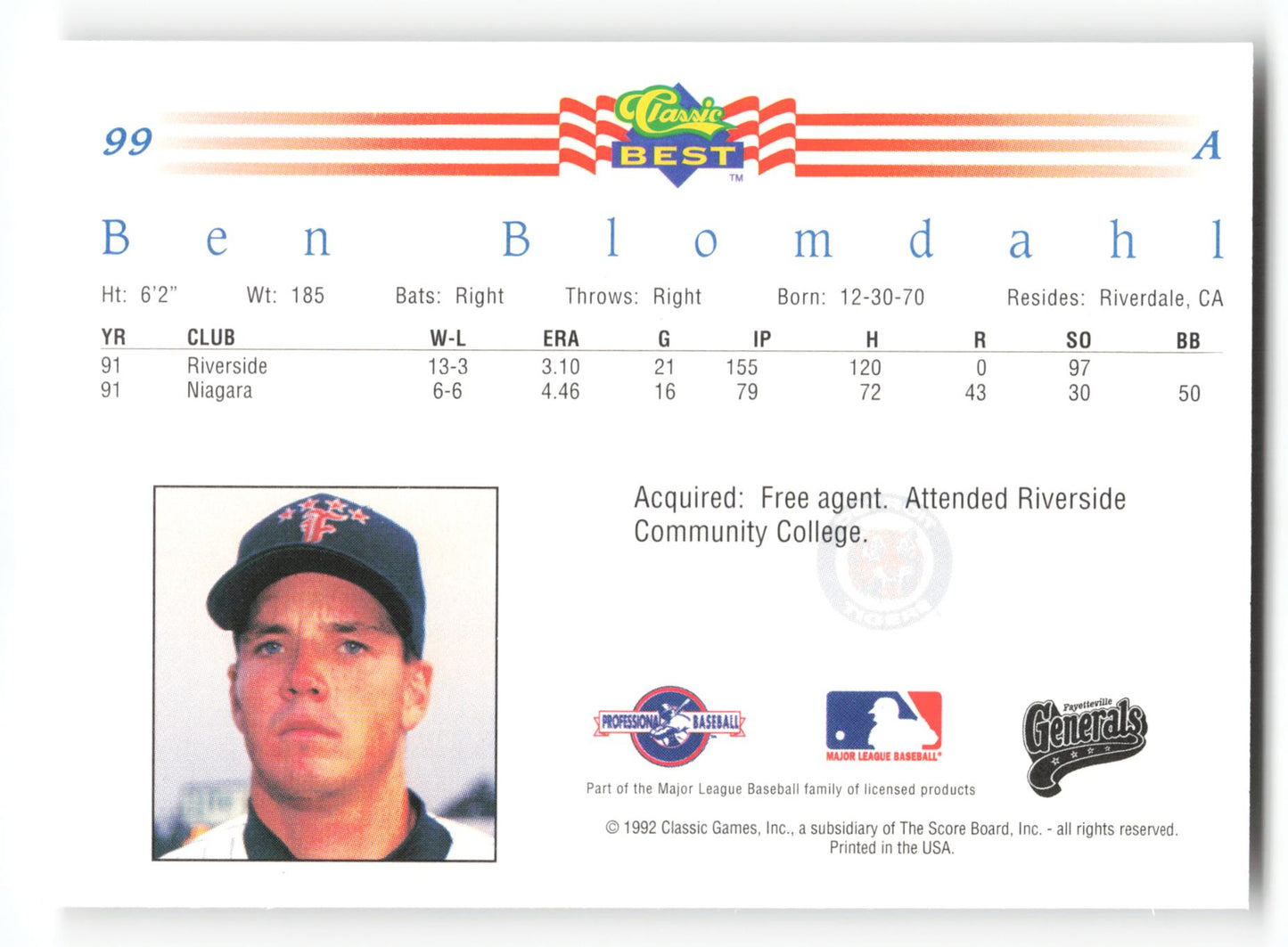 Ben Blomdahl - #99 - 1992 Classic Best - MLB