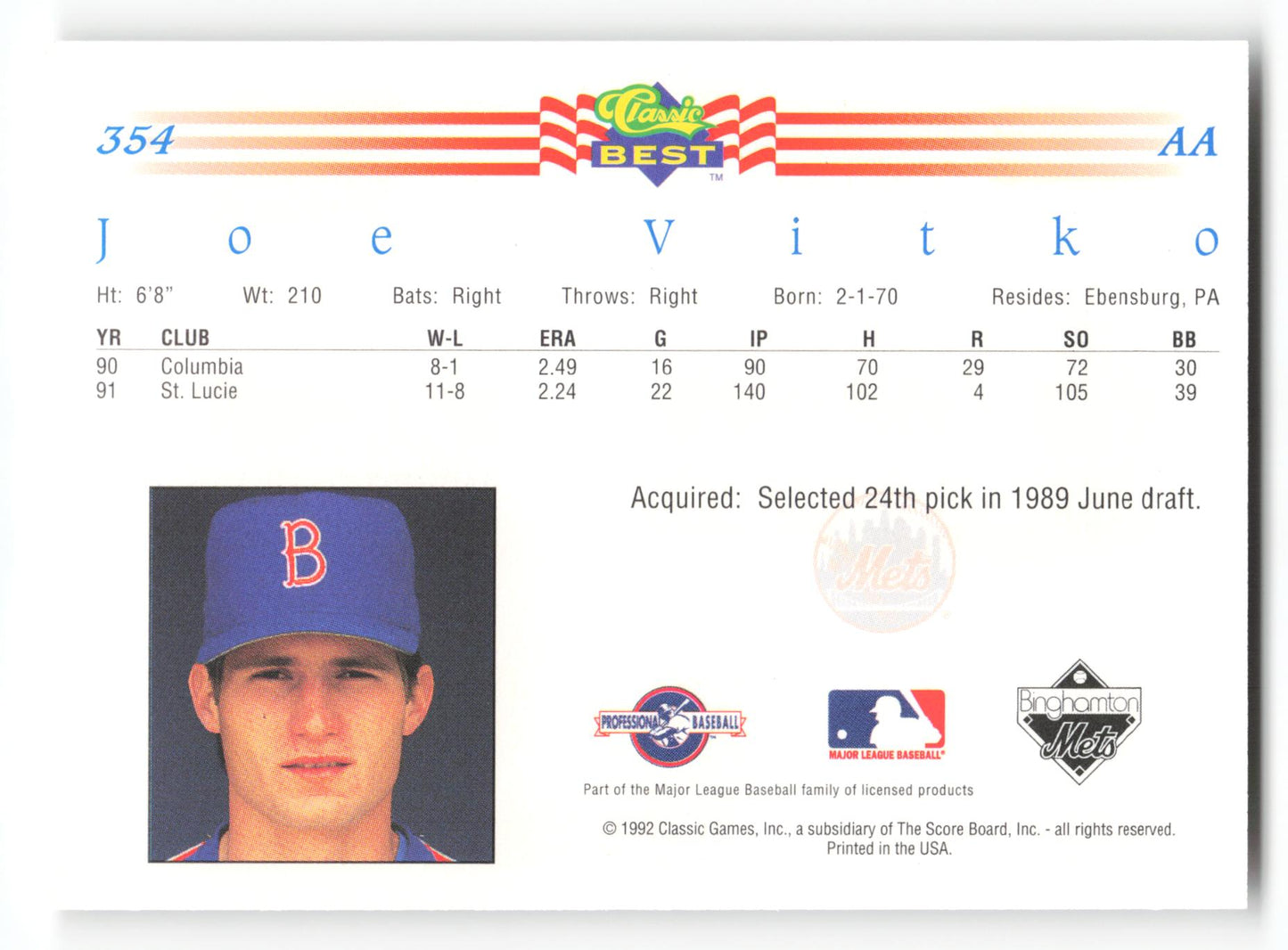Joe Vitko - #354 - 1992 Classic Best - MLB
