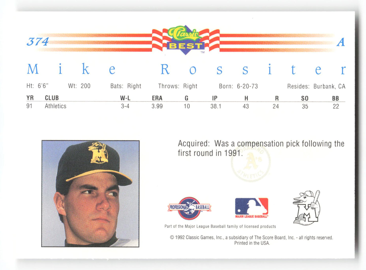 Mike Rossiter - #374 - 1992 Classic Best - MLB