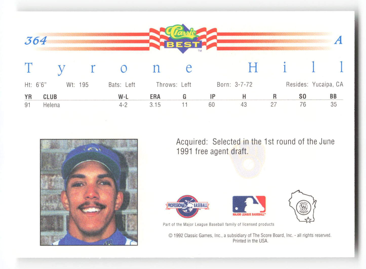 Tyrone Hill - #364 - 1992 Classic Best - MLB