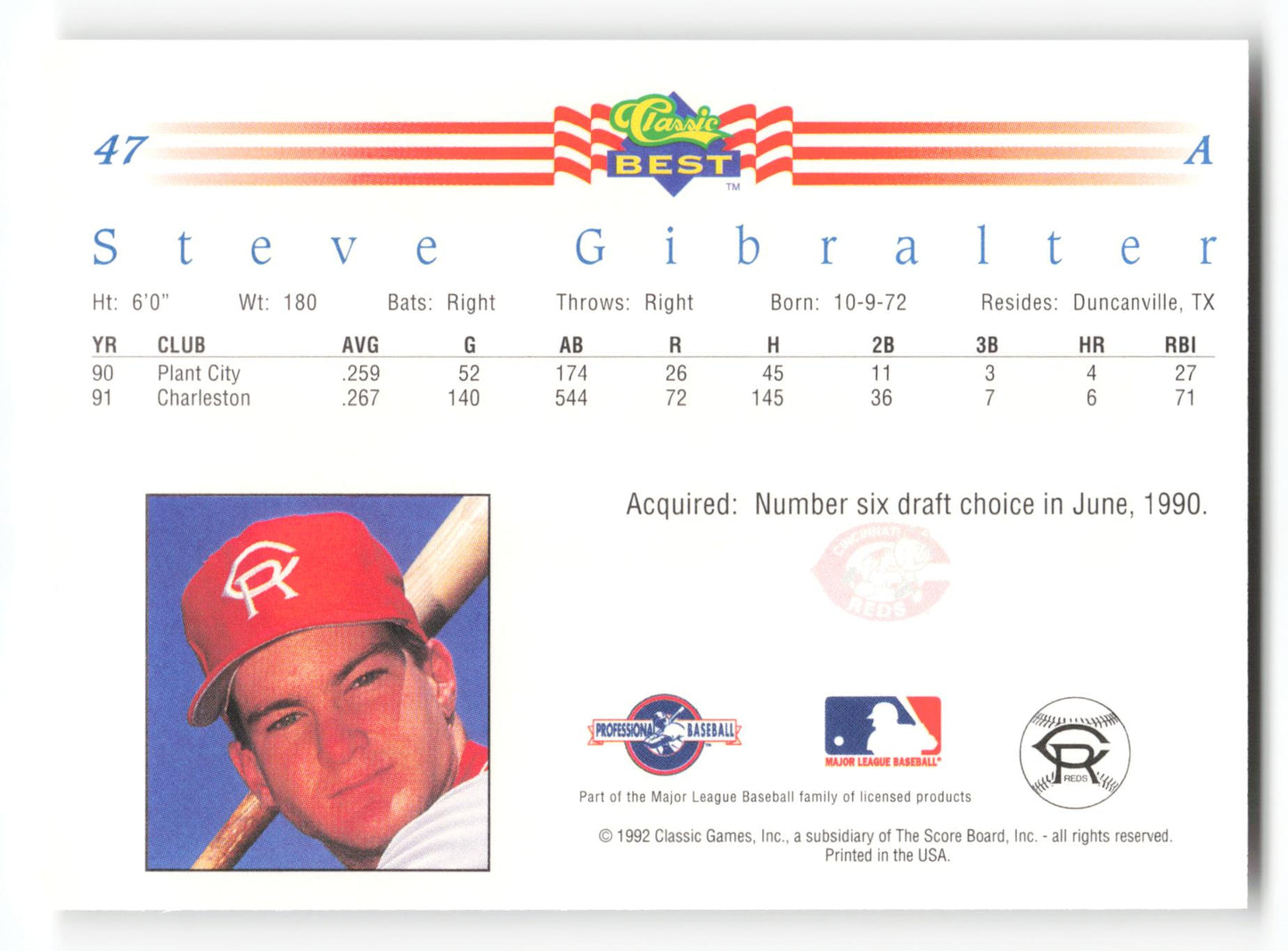 Steve Gibralter - #2 - 1992 Classic Best Fisher Nuts - MLB