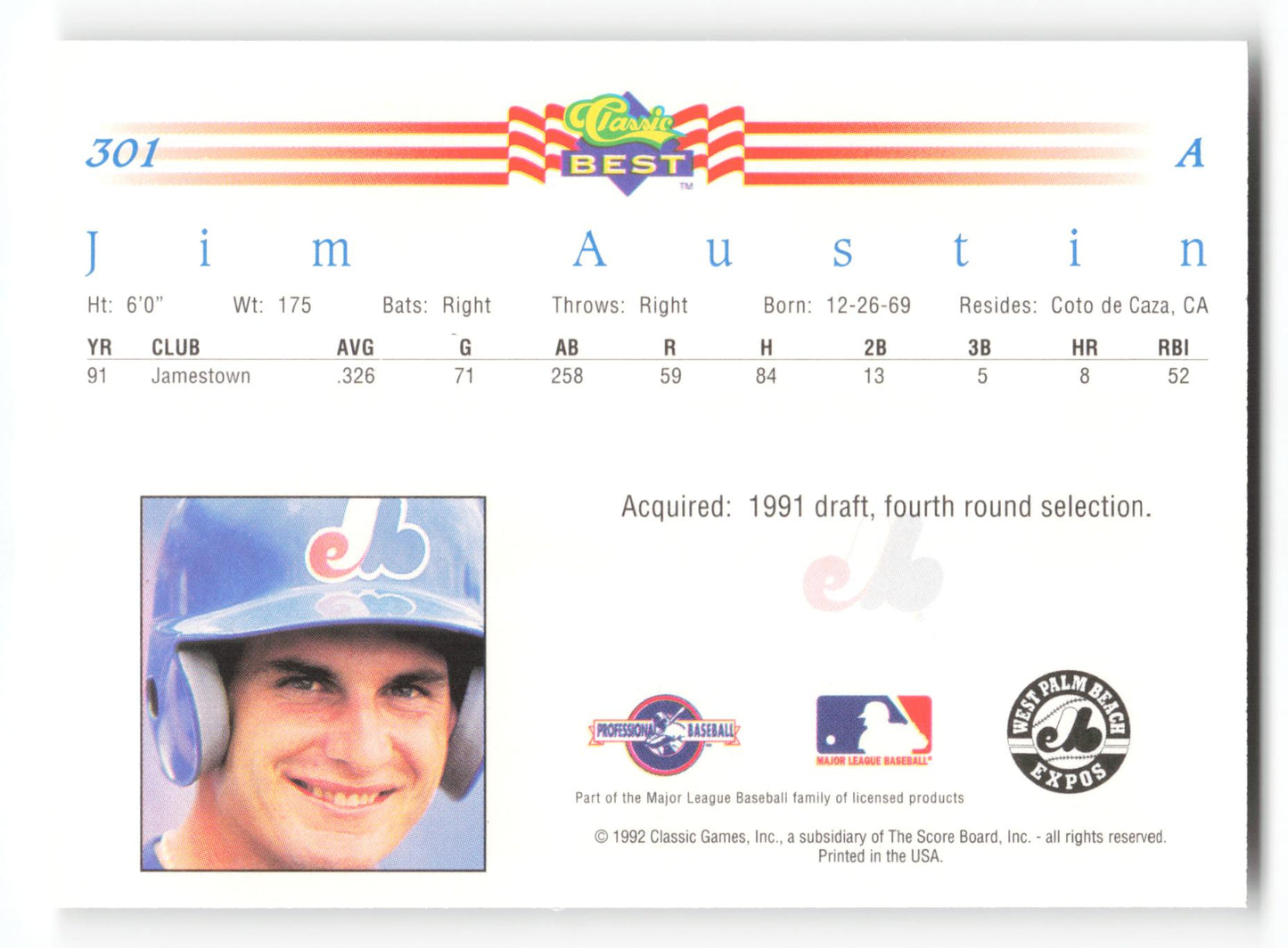 Jim Austin - #301 - 1992 Classic Best - MLB