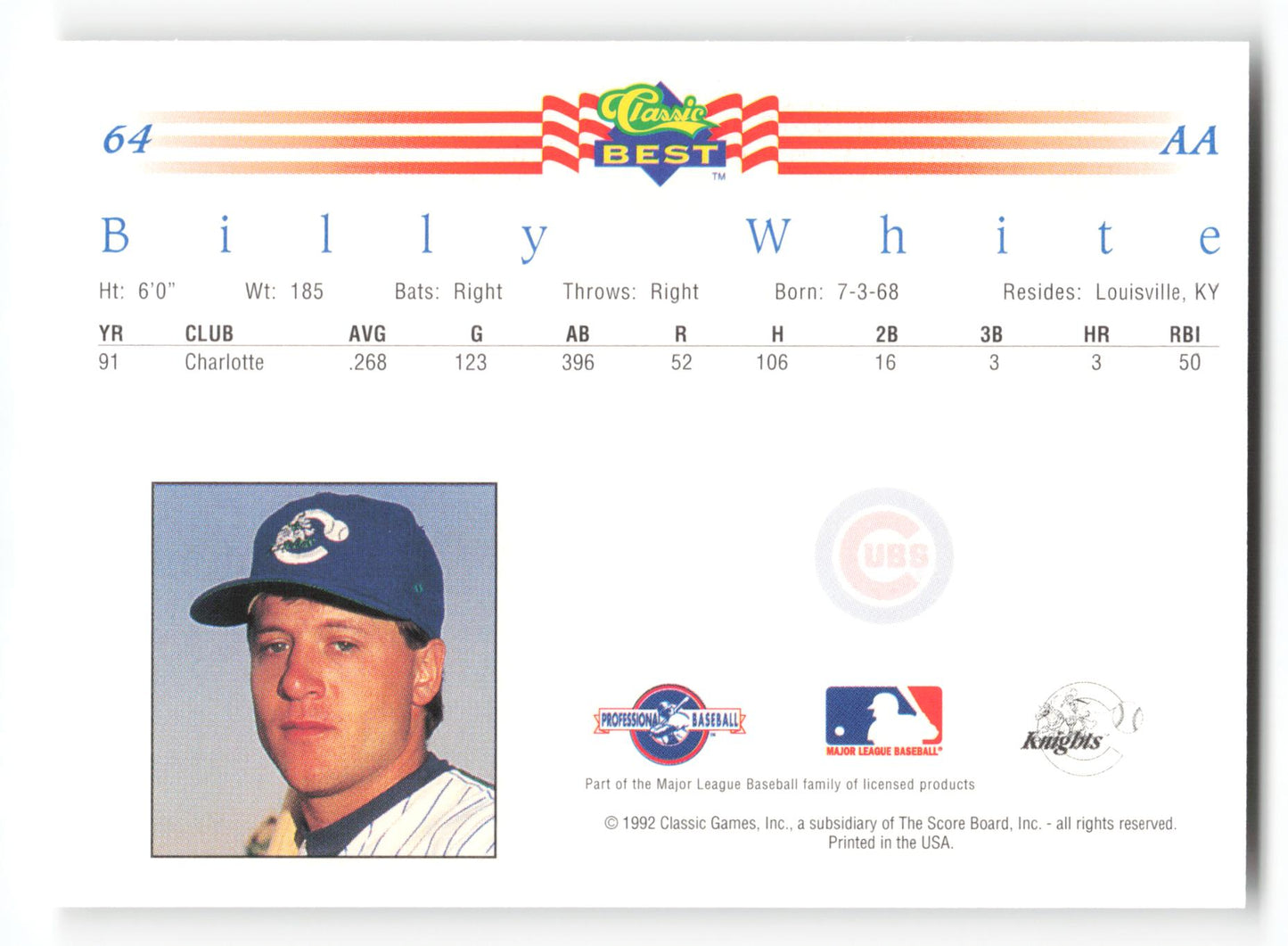 Billy White - #64 - 1992 Classic Best - MLB