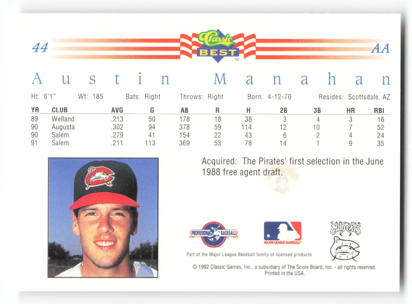 Austin Manahan - #44 - 1992 Classic Best - MLB