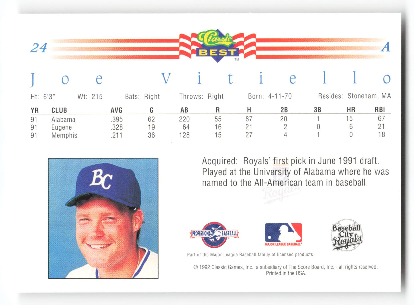 Joe Vitiello - #24 - 1992 Classic Best - MLB