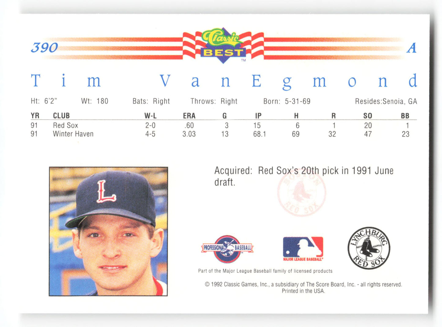Tim VanEgmond - #390 - 1992 Classic Best - MLB