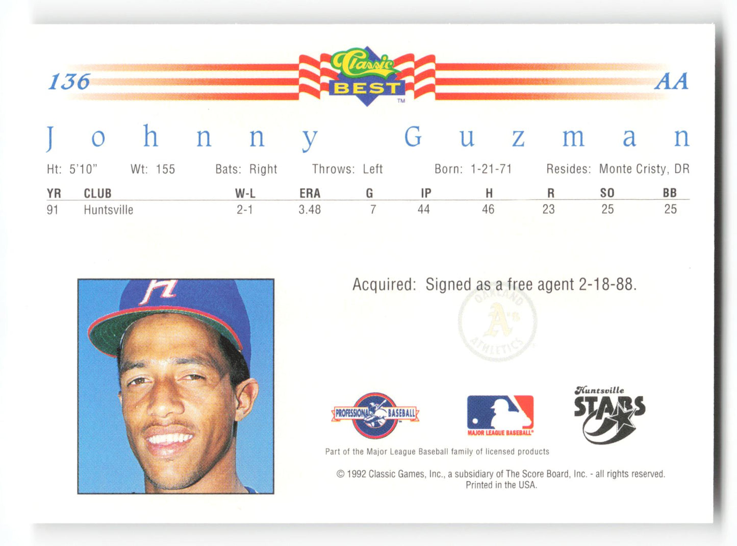 Johnny Guzman - #136 - 1992 Classic Best - MLB