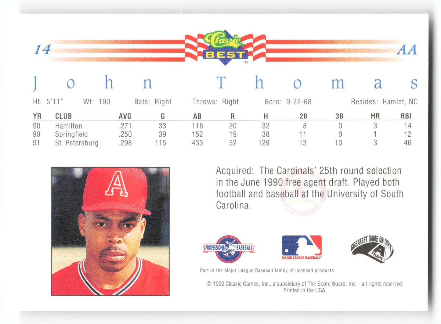 John Thomas - #14 - 1992 Classic Best - MLB