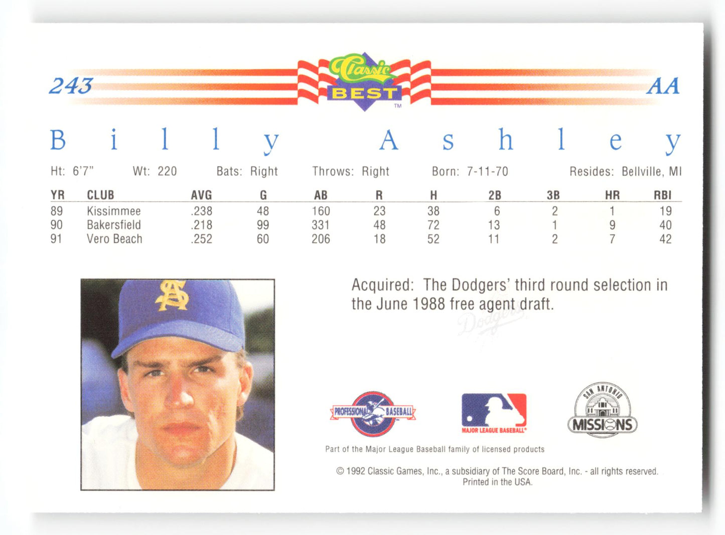 Billy Ashley - #243 - 1992 Classic Best - MLB