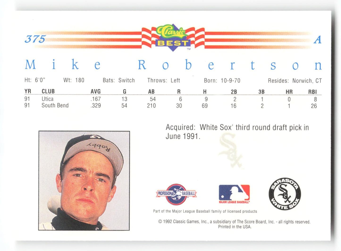 Mike Robertson - #375 - 1992 Classic Best - MLB