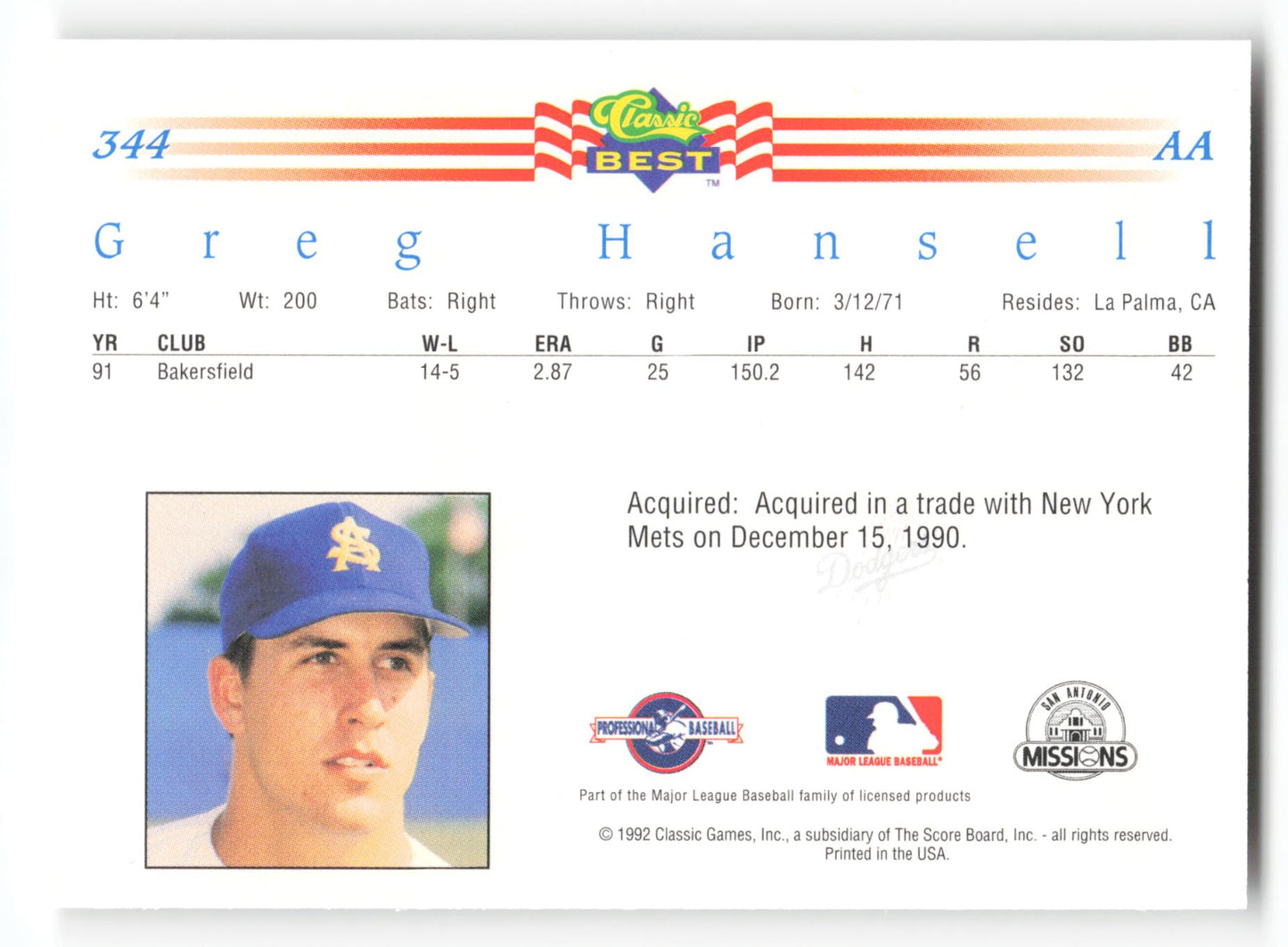 Greg Hansell - #344 - 1992 Classic Best - MLB
