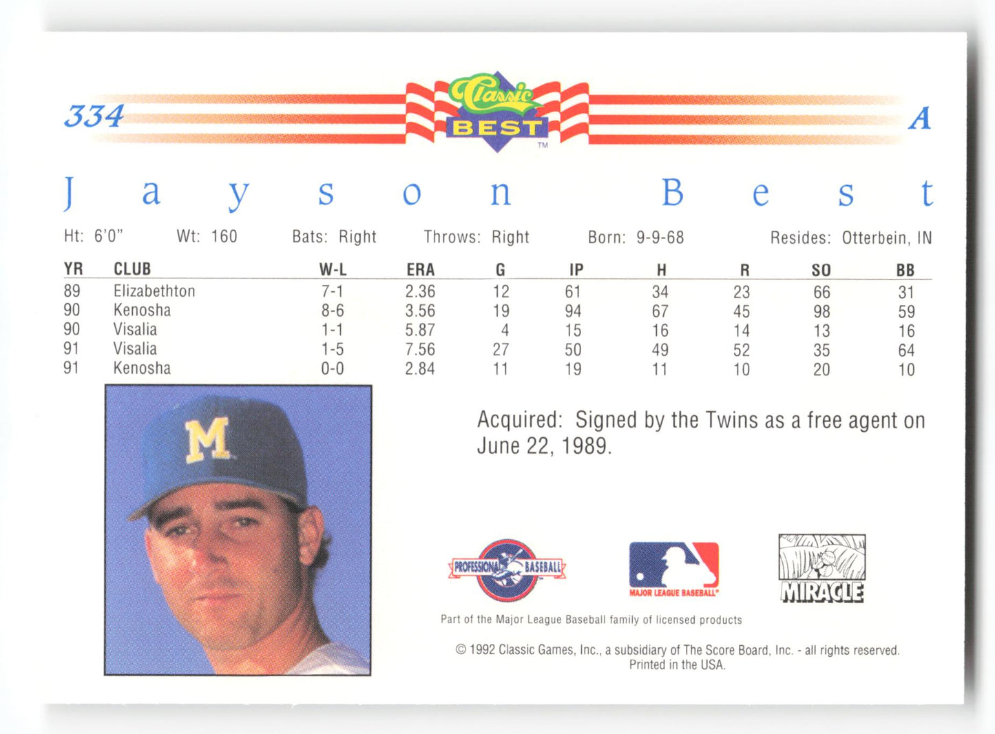 Jayson Best - #334 - 1992 Classic Best - MLB