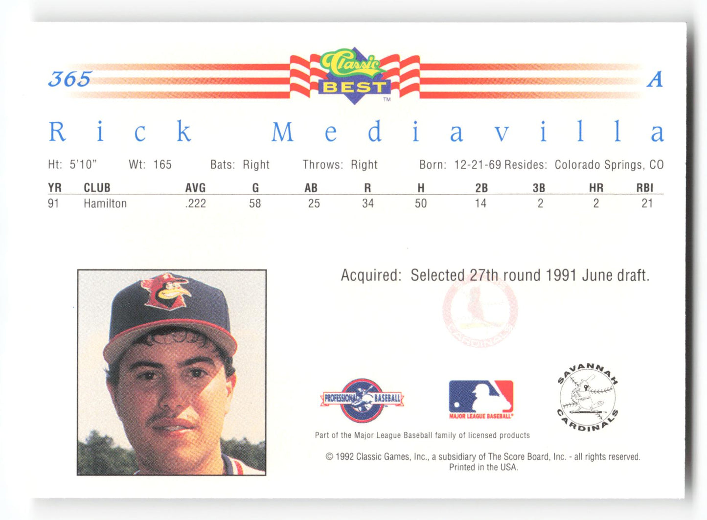 Rick Mediavilla - #365 - 1992 Classic Best - MLB