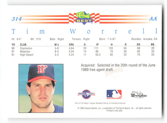 Tim Worrell - #314 - 1992 Classic Best - MLB