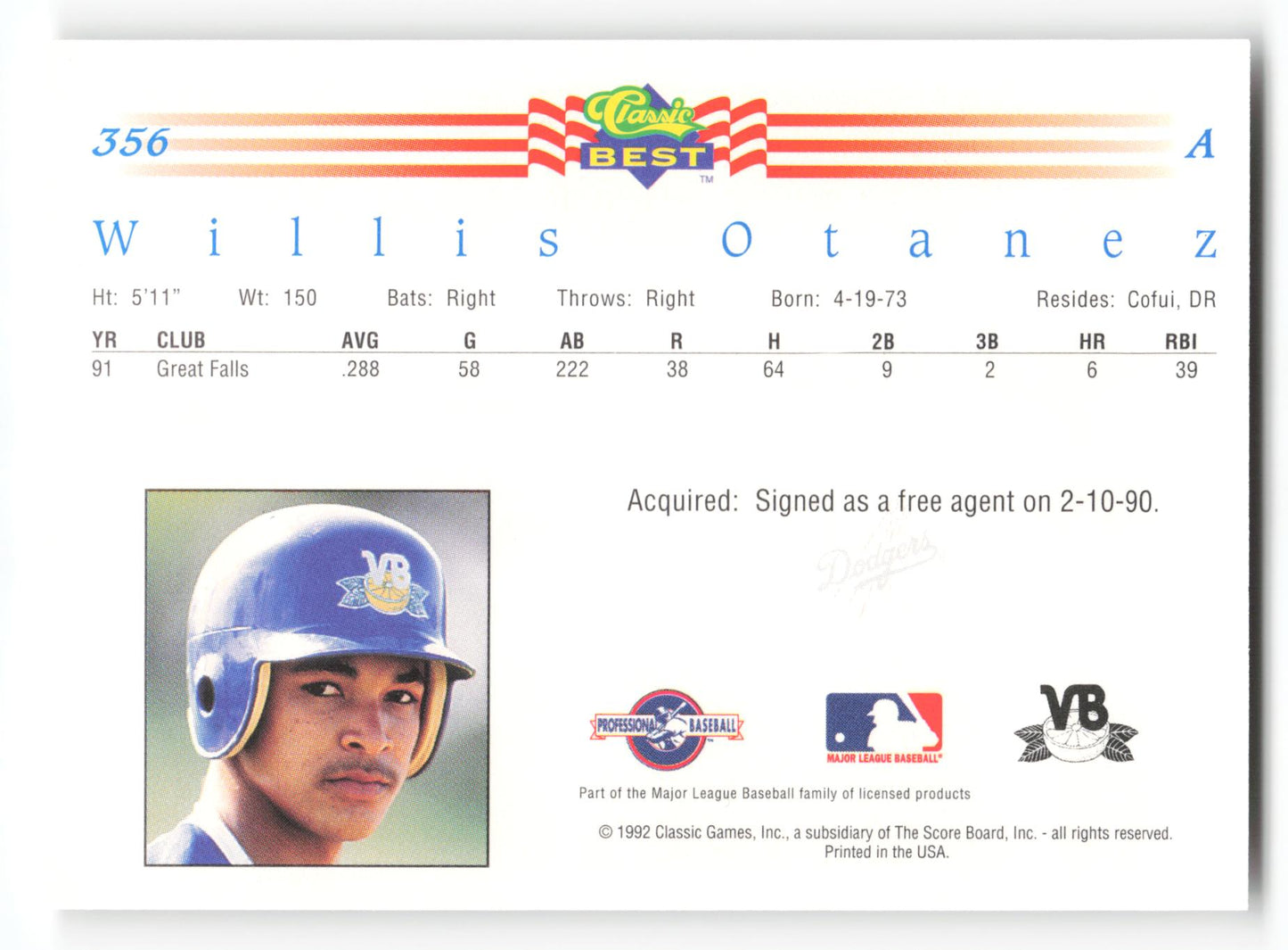 Willis Otanez - #356 - 1992 Classic Best - MLB