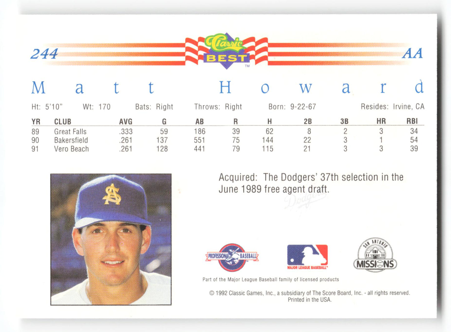 Matt Howard - #244 - 1992 Classic Best - MLB