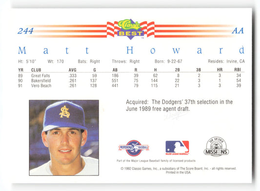 Matt Howard - #244 - 1992 Classic Best - MLB