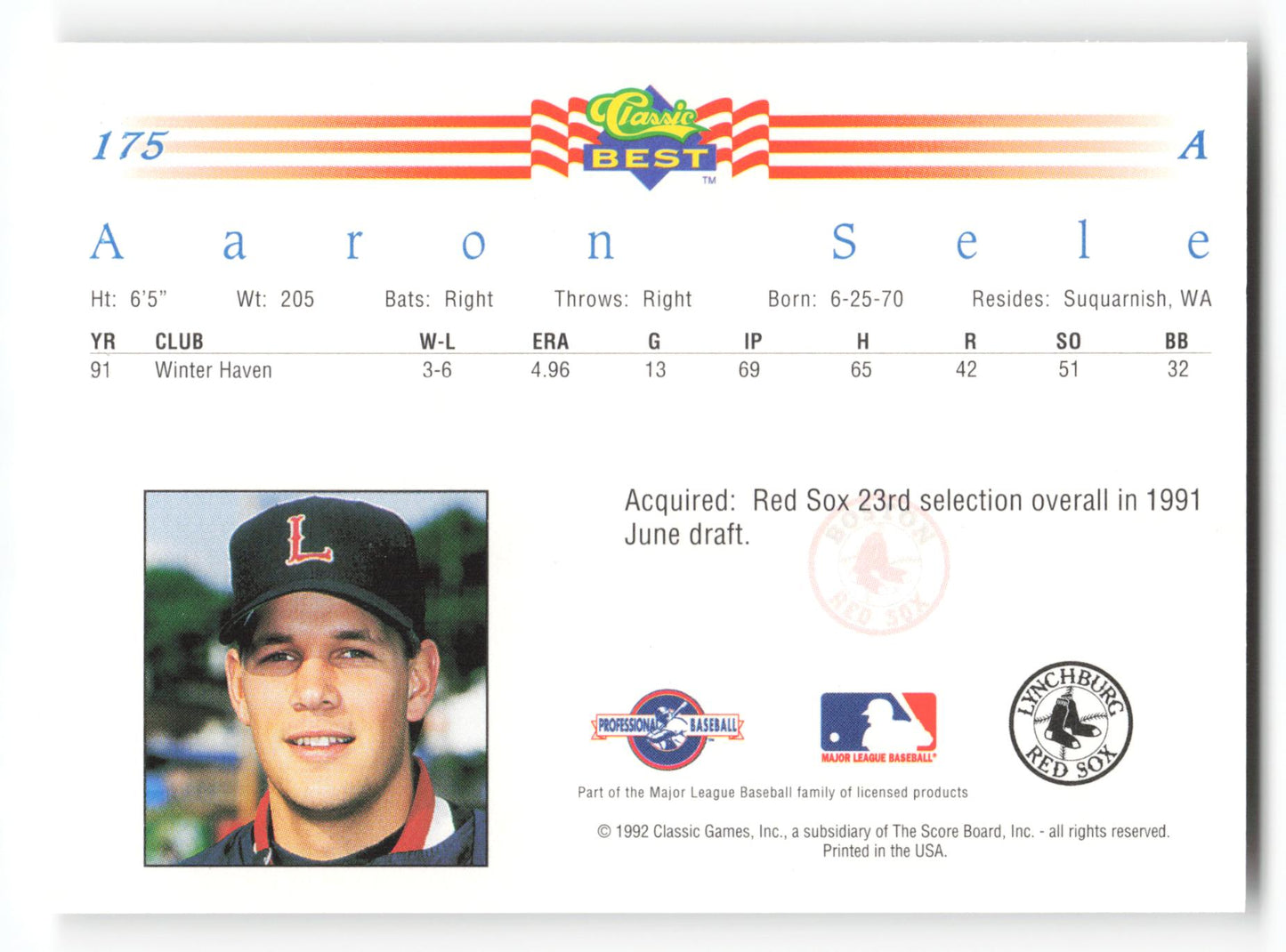 Aaron Sele - #175 - 1992 Classic Best - MLB