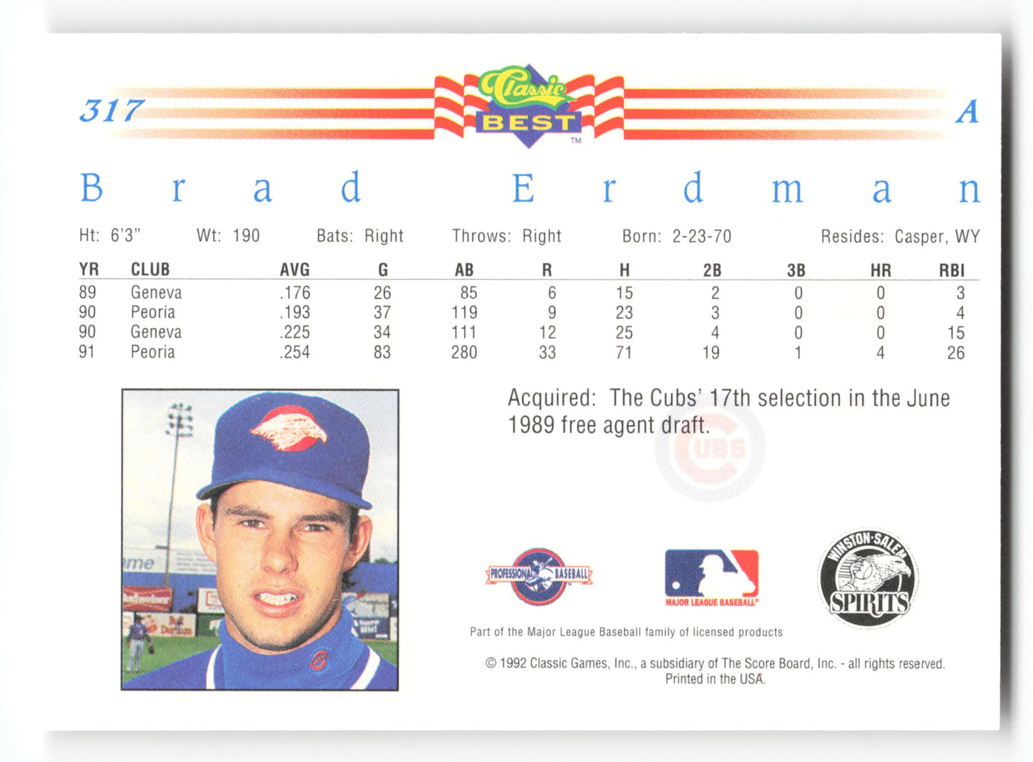 Brad Erdman - #317 - 1992 Classic Best - MLB