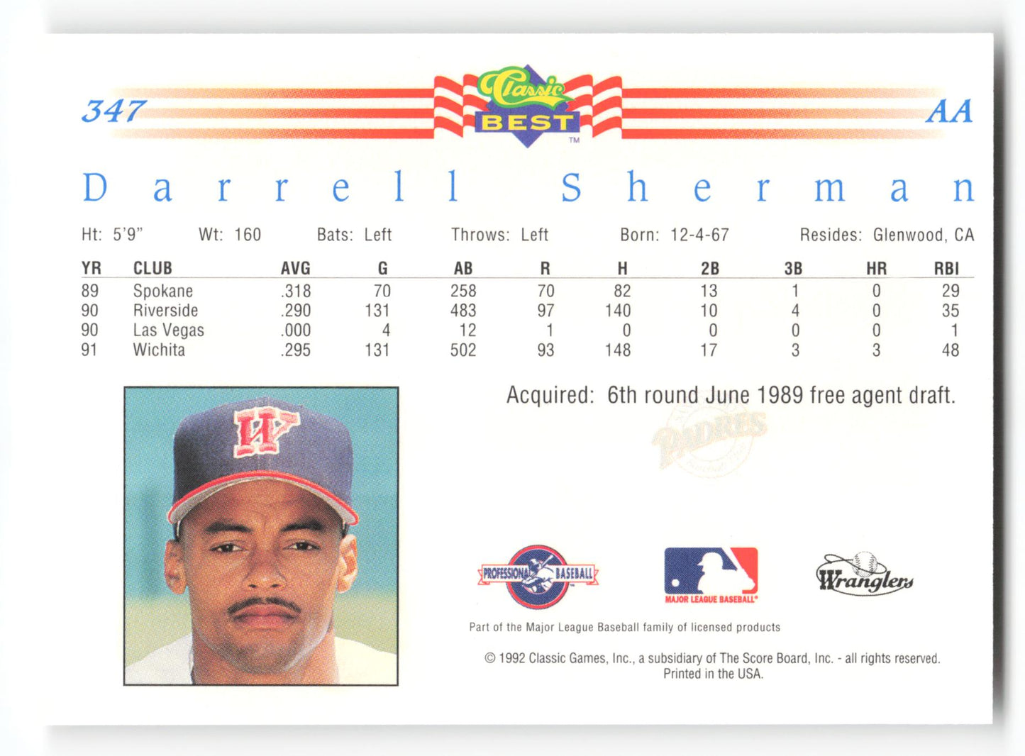 Darrell Sherman - #347 - 1992 Classic Best - MLB