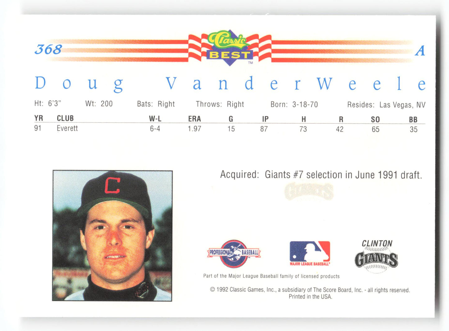 Doug VanderWeele - #368 - 1992 Classic Best - MLB
