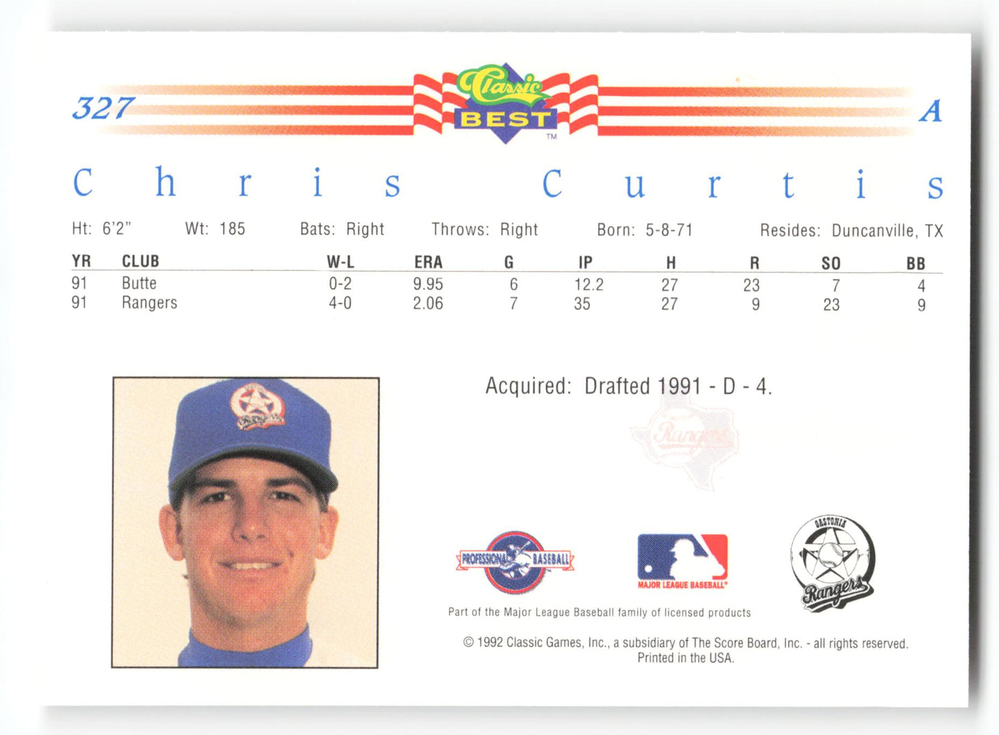 Chris Curtis - #327 - 1992 Classic Best - MLB