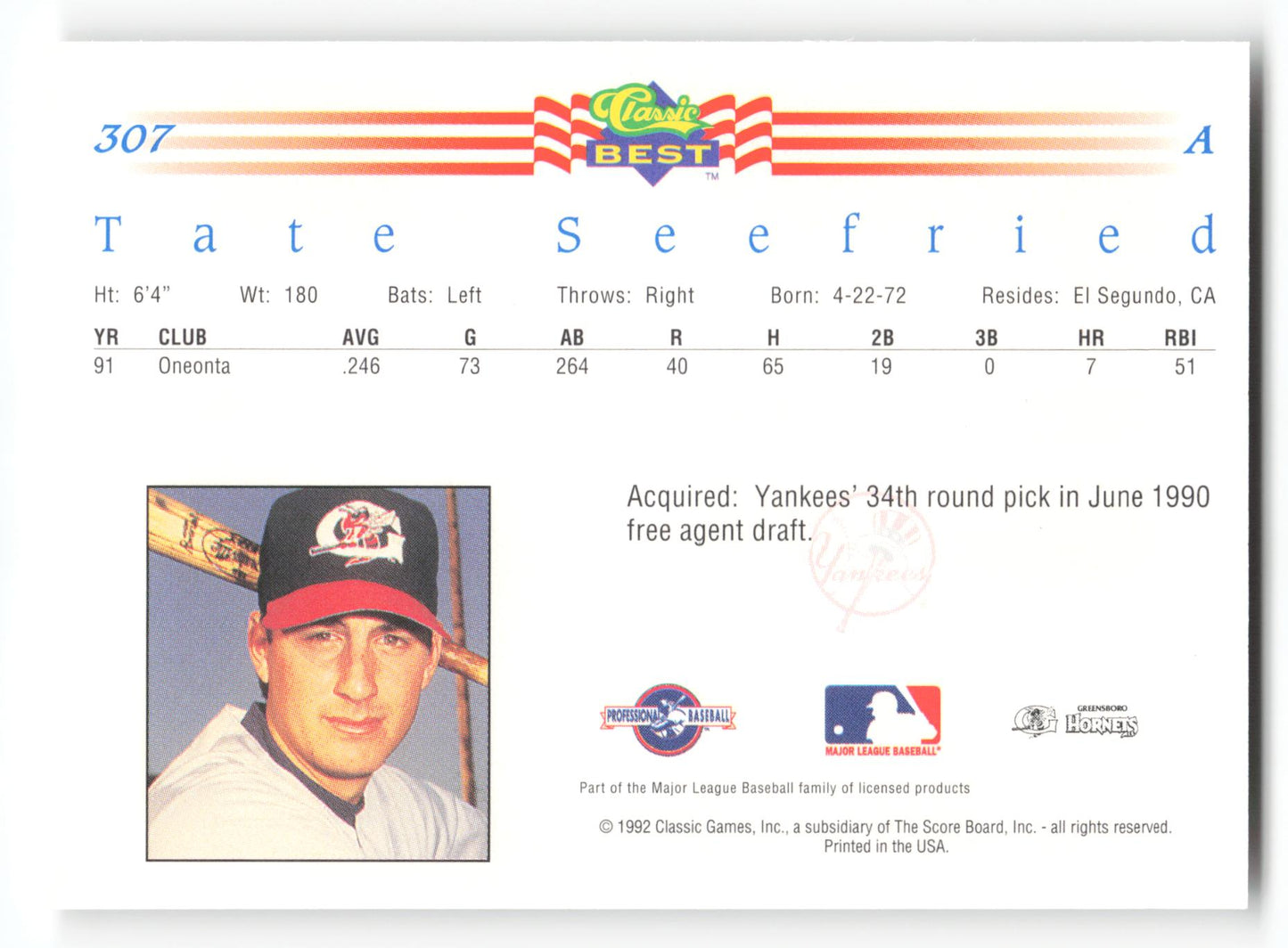 Tate Seefried - #307 - 1992 Classic Best - MLB