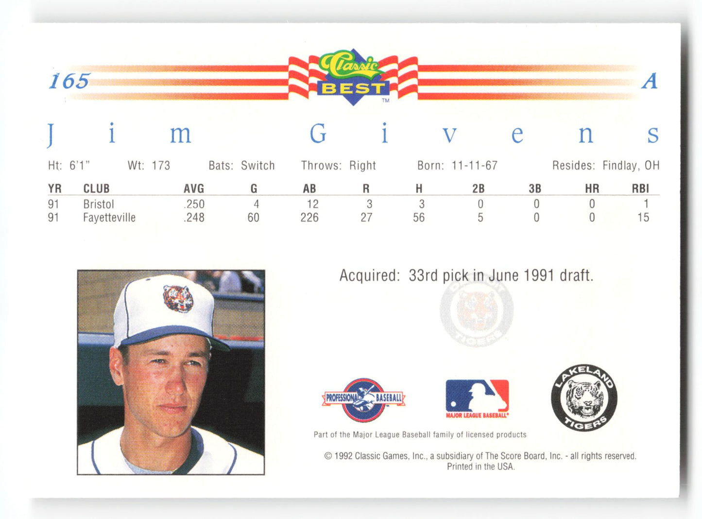 Jim Givens - #165 - 1992 Classic Best - MLB