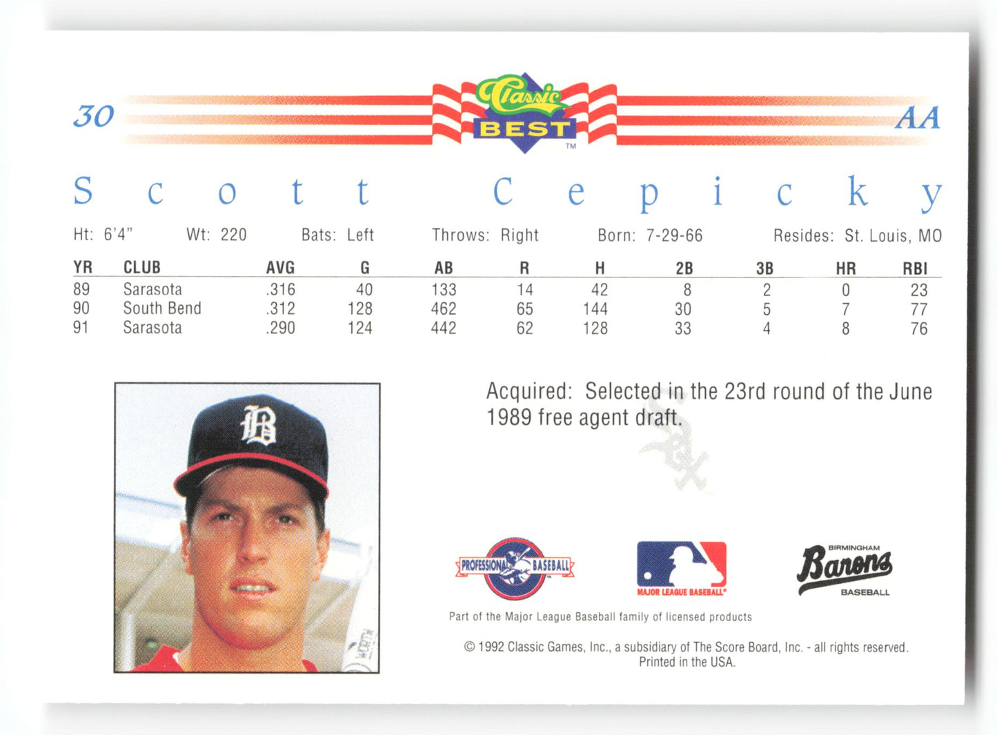 Scott Cepicky - #30 - 1992 Classic Best - MLB