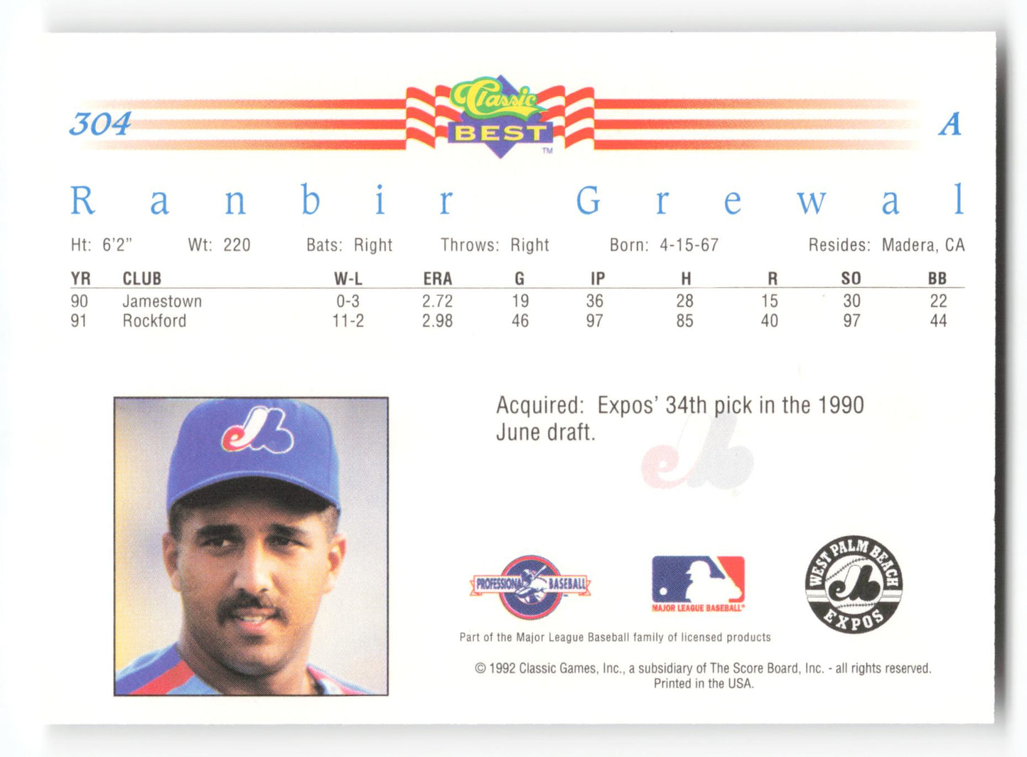 Ranbir Grewal - #304 - 1992 Classic Best - MLB