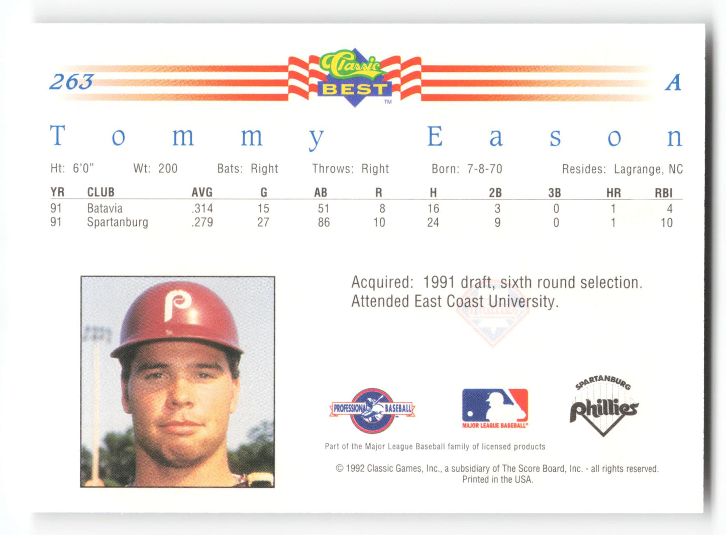 Tommy Eason - #263 - 1992 Classic Best - MLB