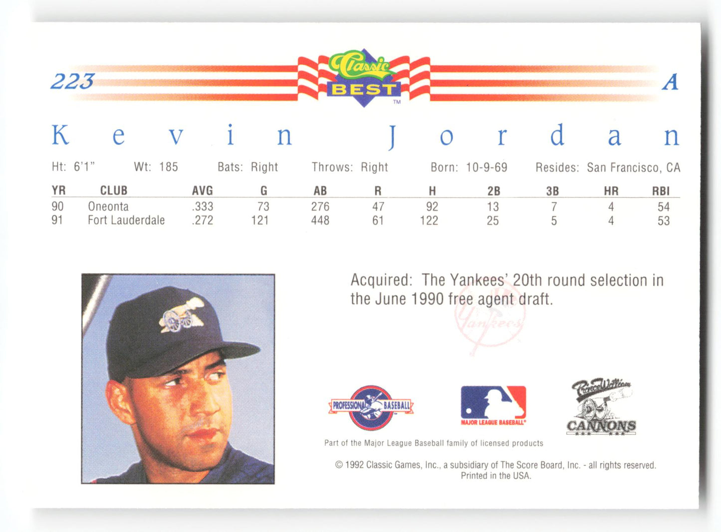 Kevin Jordan - #223 - 1992 Classic Best - MLB