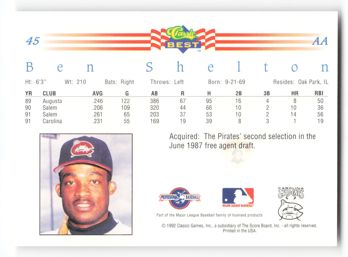 Ben Shelton - #45 - 1992 Classic Best - MLB