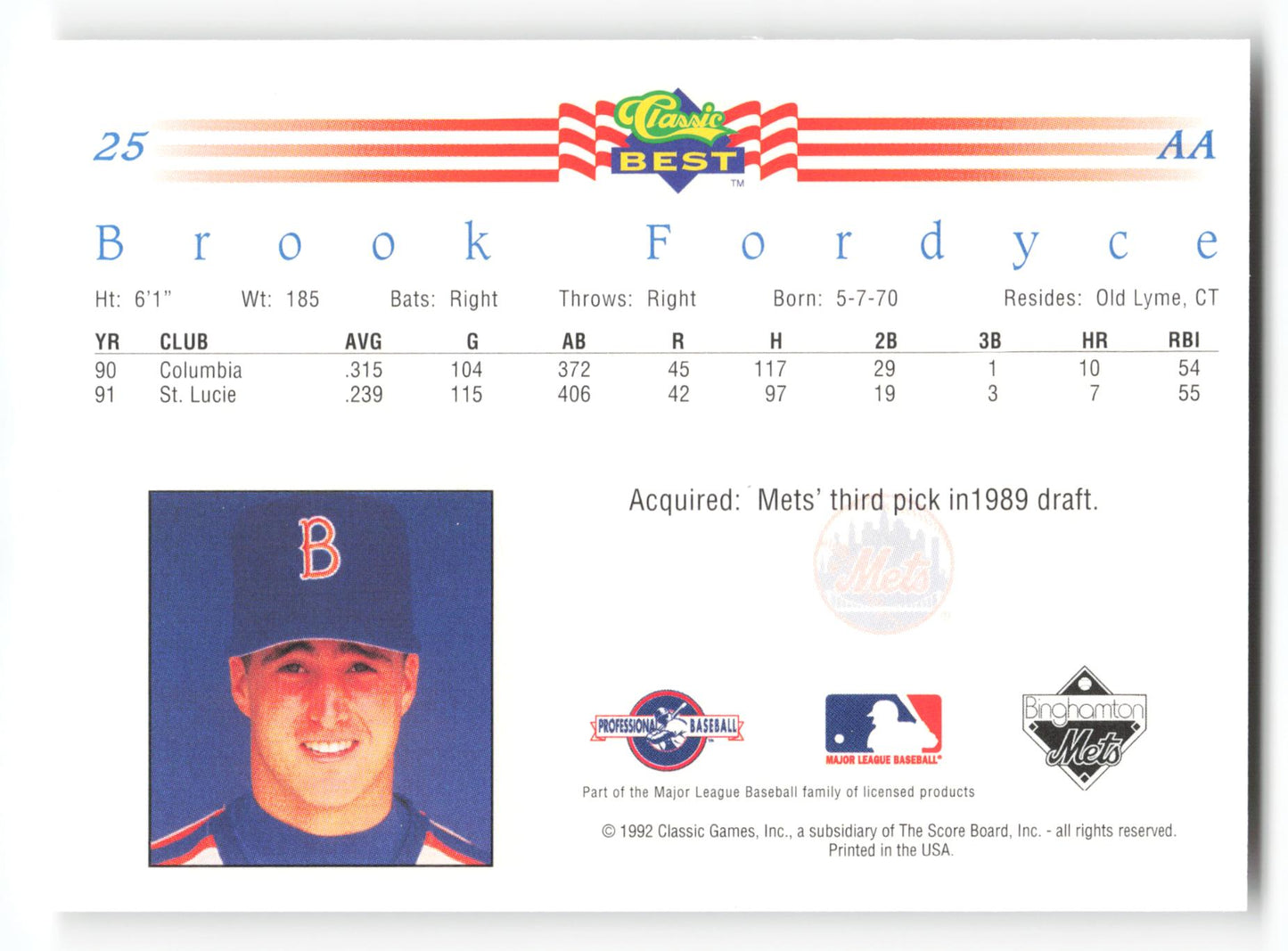 Brook Fordyce - #25 - 1992 Classic Best - MLB