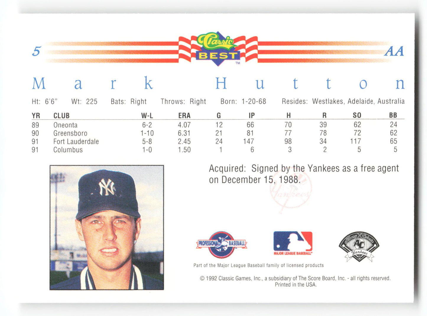 Mark Hutton - #5 - 1992 Classic Best - MLB