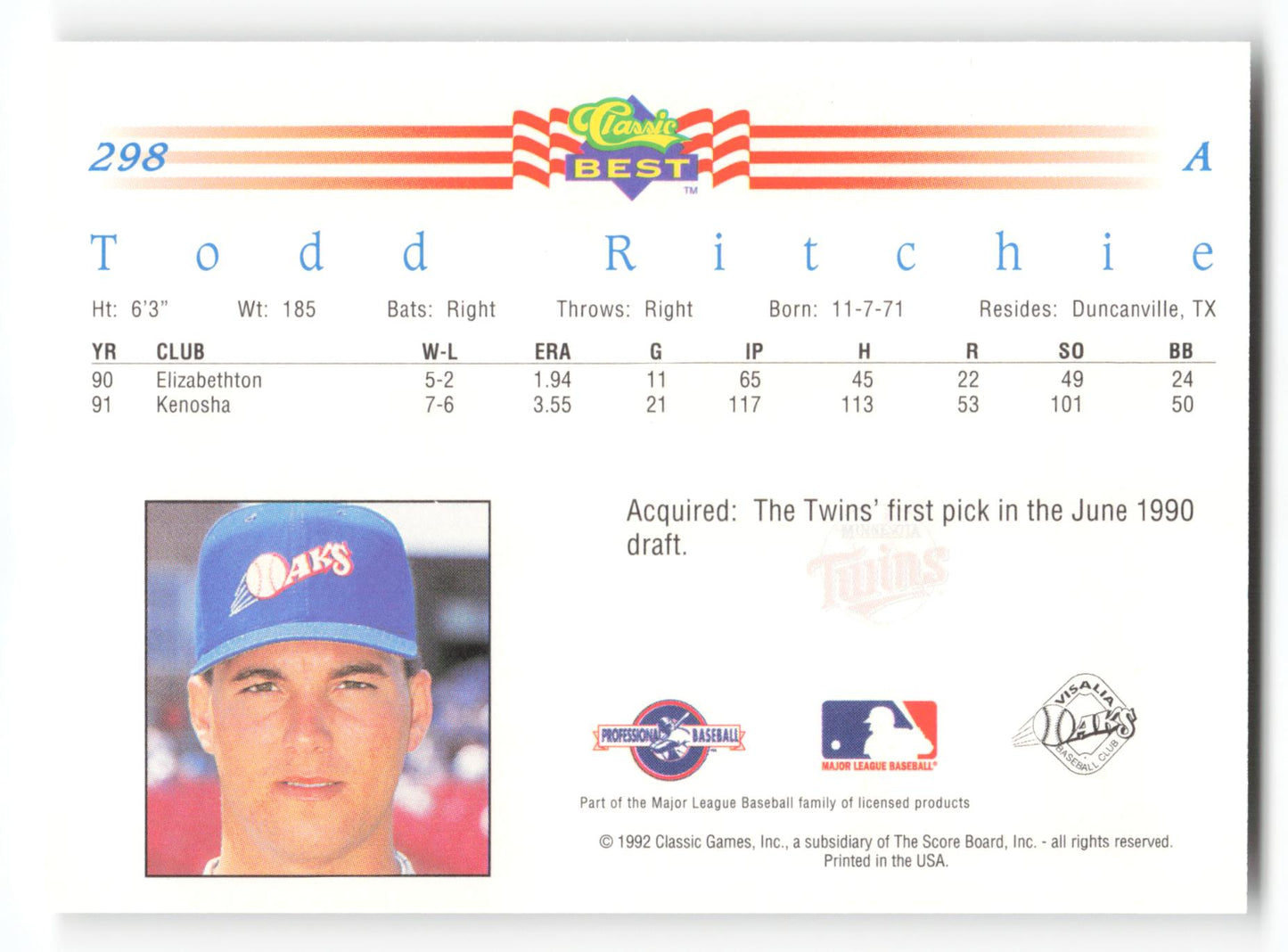 Todd Ritchie - #298 - 1992 Classic Best - MLB