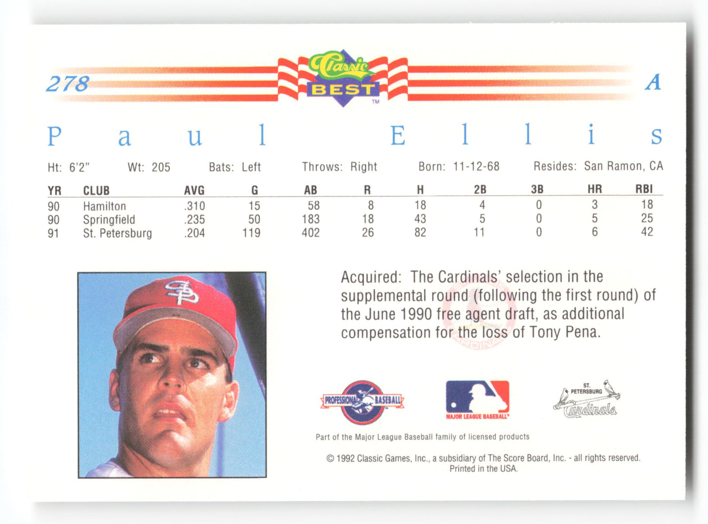 Paul Ellis - #278 - 1992 Classic Best - MLB