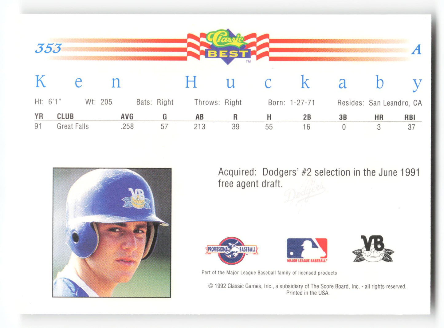 Ken Huckaby - #353 - 1992 Classic Best - MLB