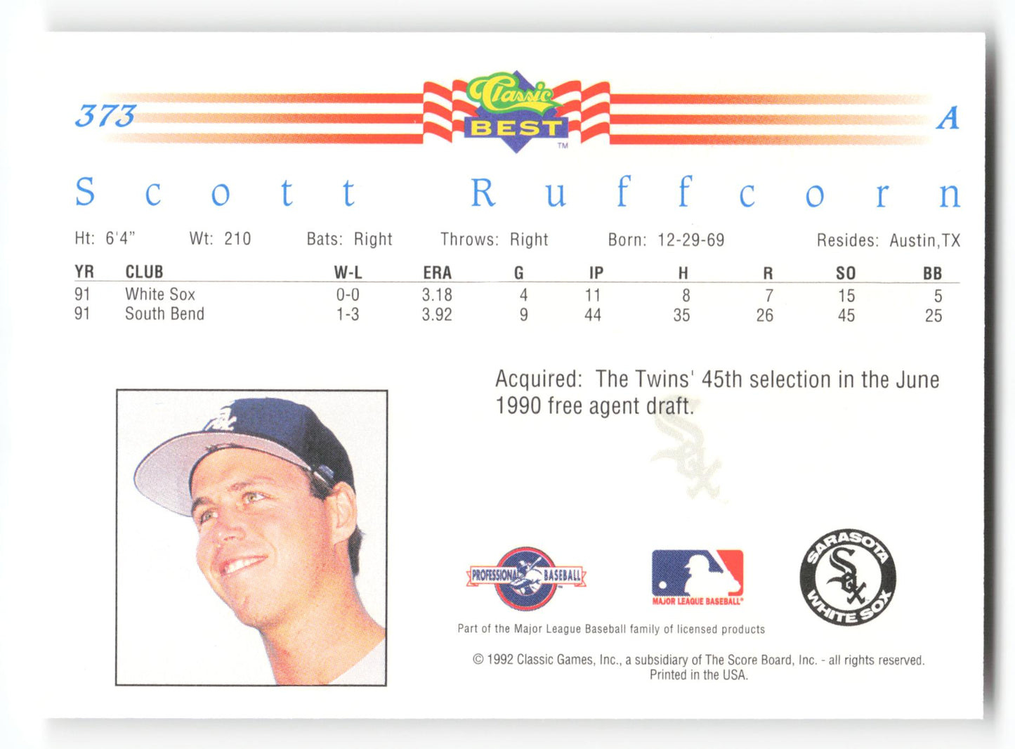 Scott Ruffcorn - #373 - 1992 Classic Best - MLB