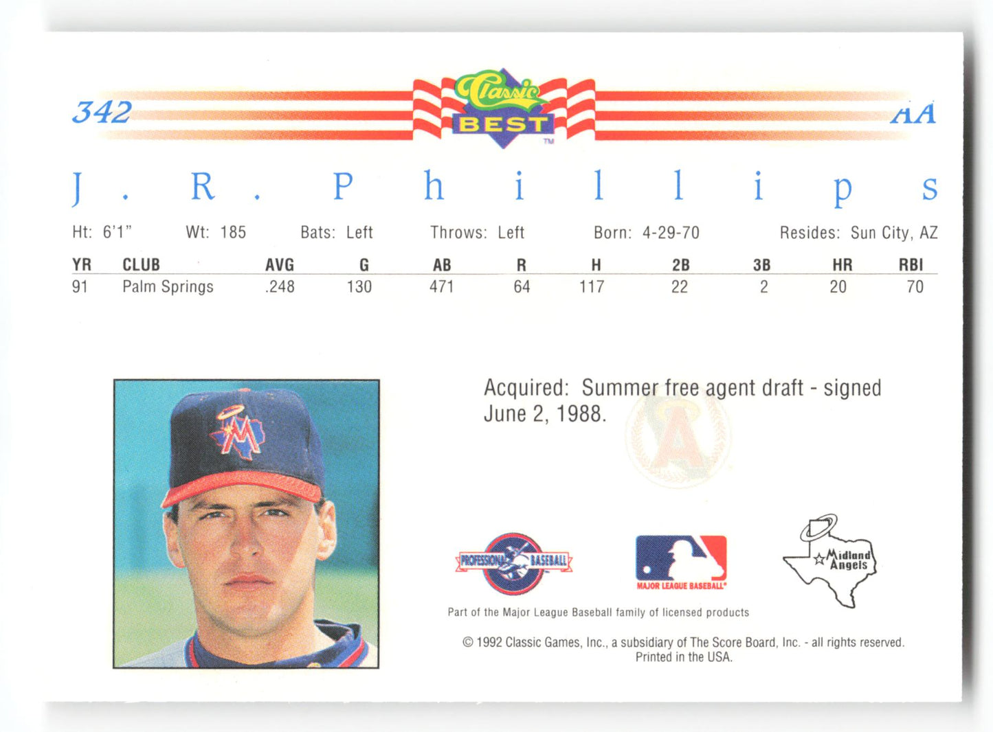 J. R. Phillips - #342 - 1992 Classic Best - MLB