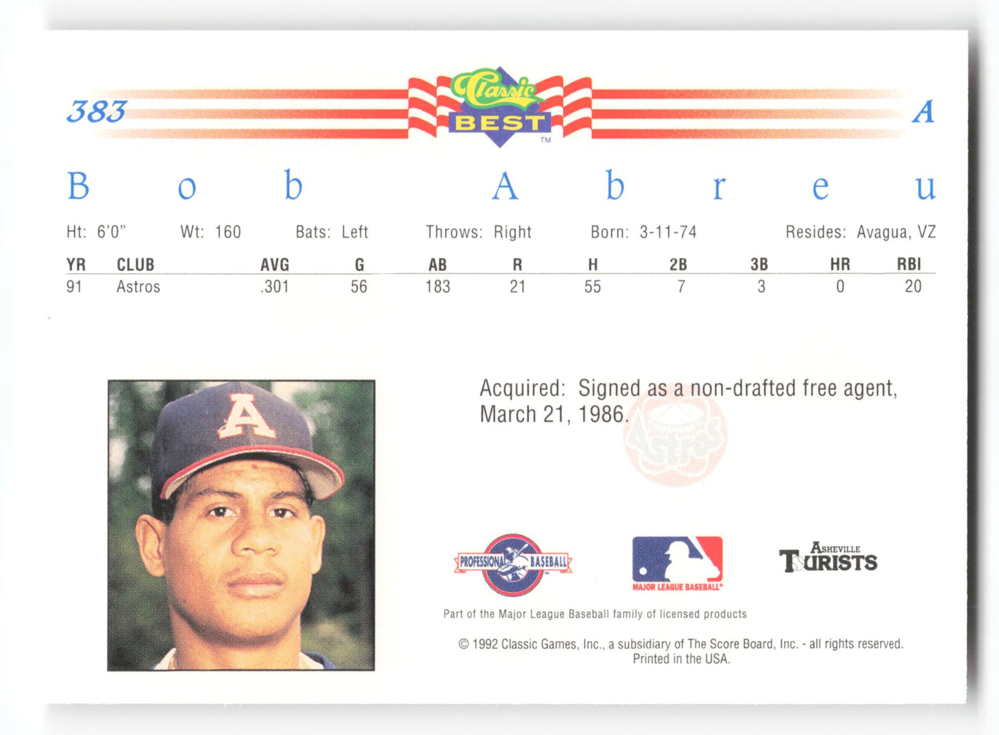 Bob Abreu - #383 - 1992 Classic Best - MLB