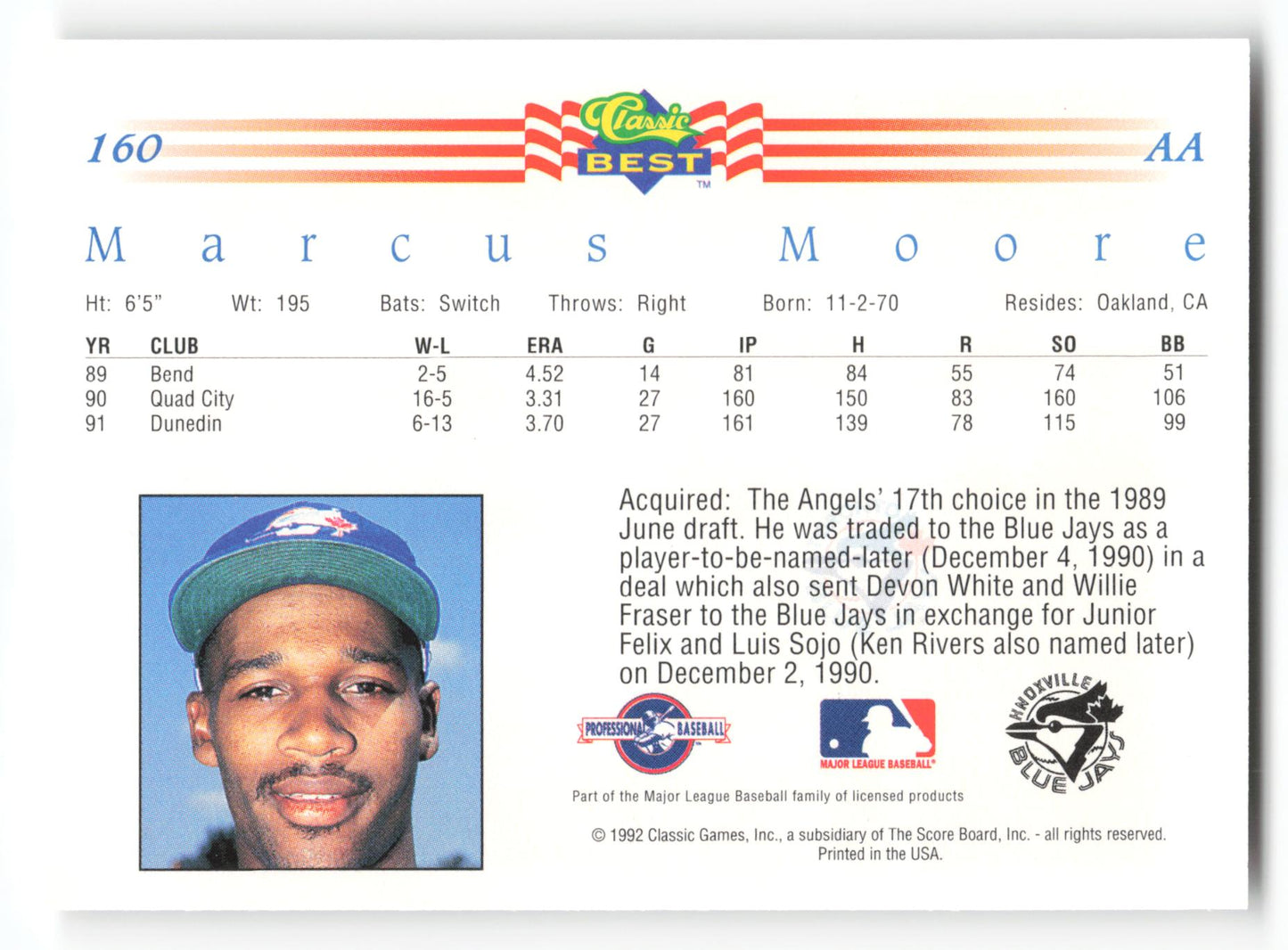 Marcus Moore - #160 - 1992 Classic Best - MLB