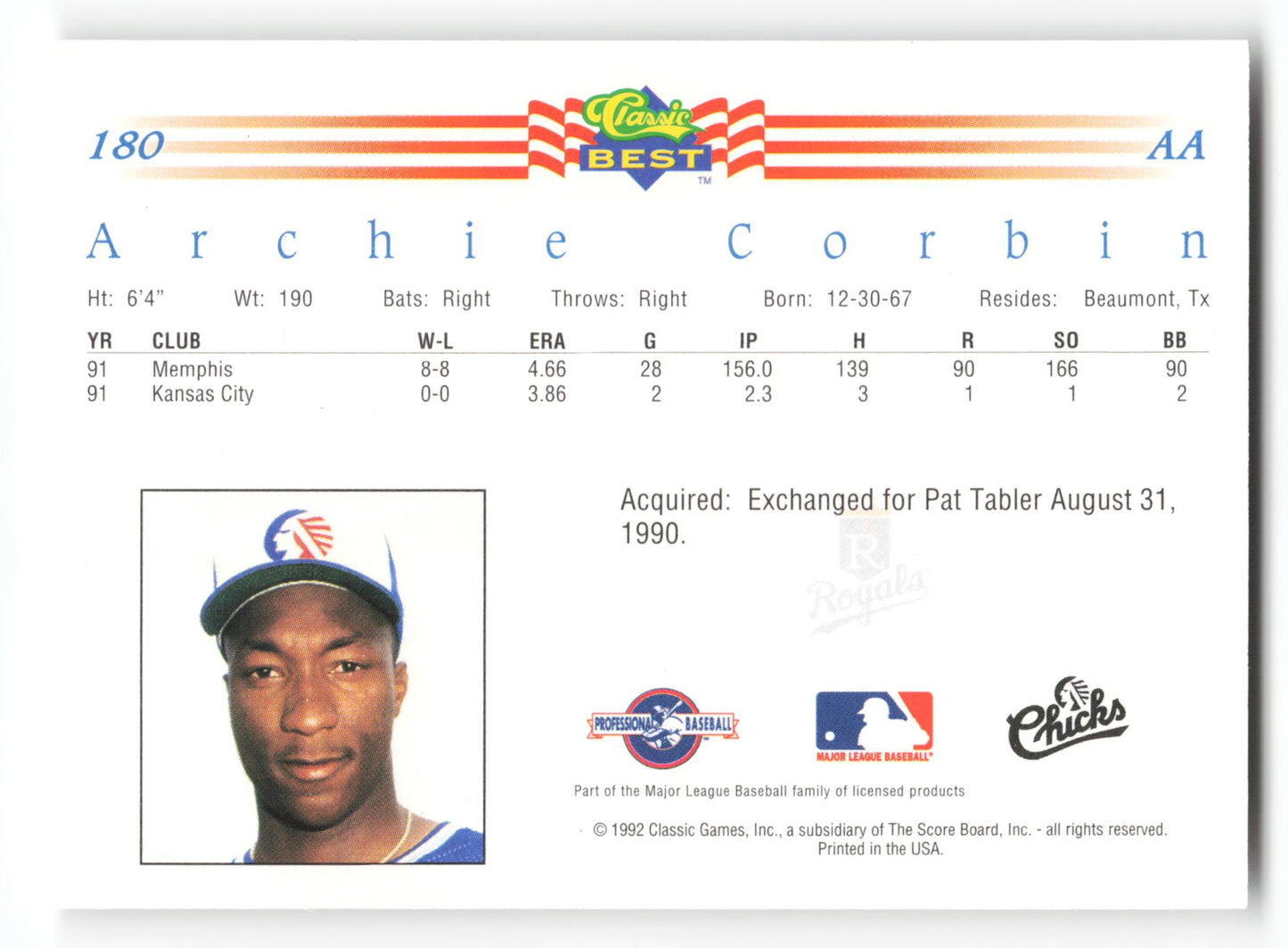 Archie Corbin - #180 - 1992 Classic Best - MLB