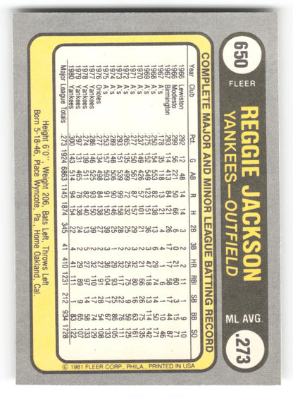 Reggie Jackson - #650 - 1981 Fleer - Fleer