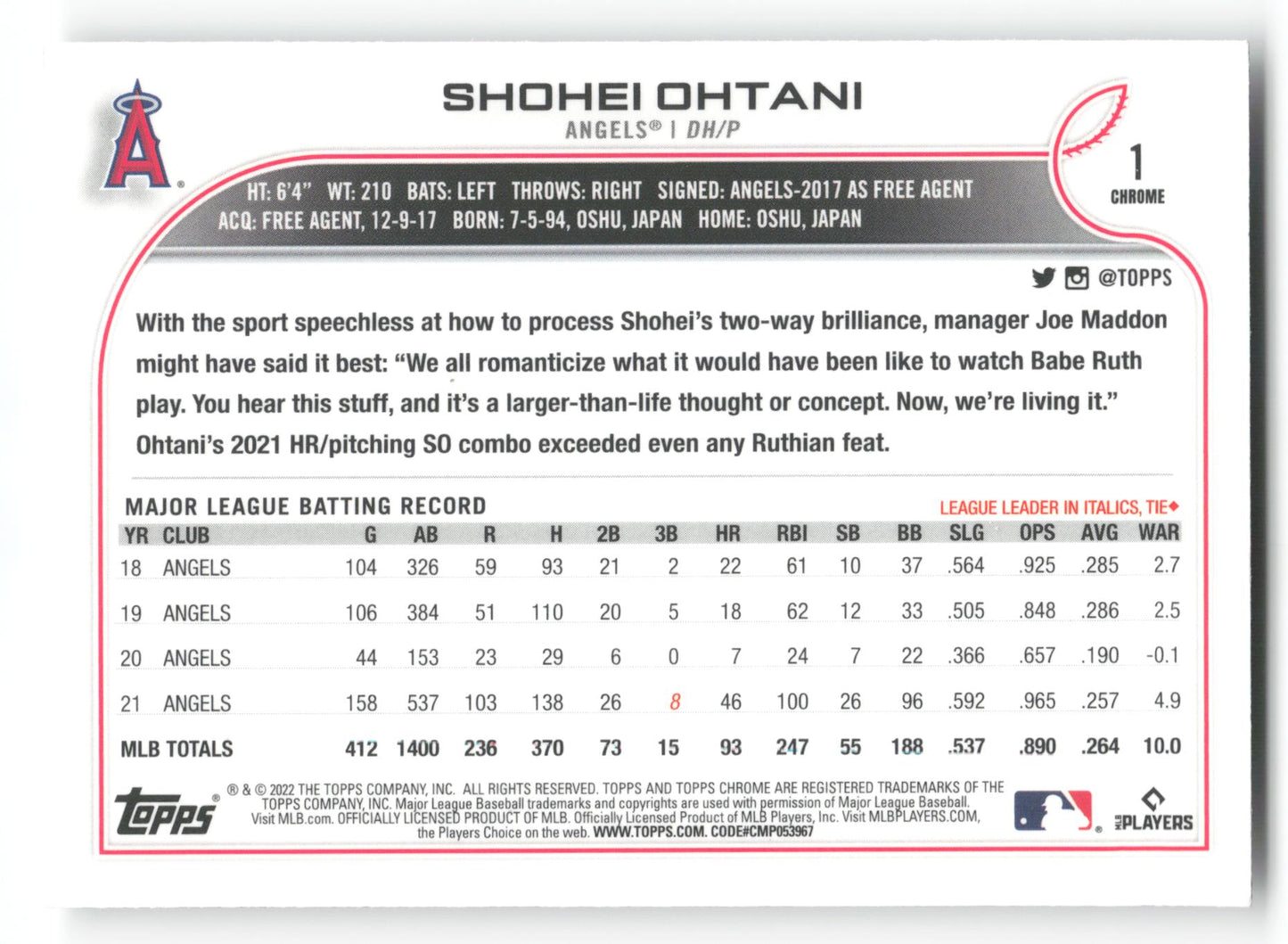 Shohei Ohtani - #1 - 2022 Topps Chrome Sonic - Topps