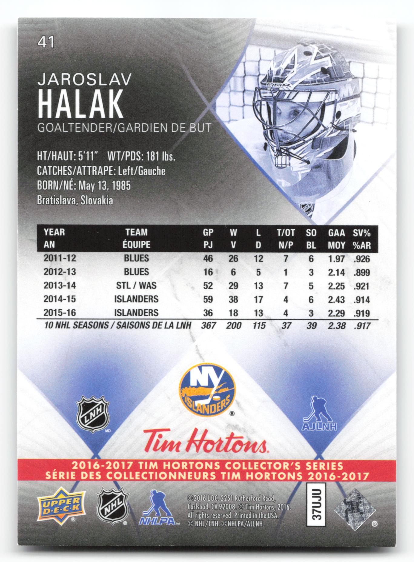 Jaroslav Halak - #41 - 2016-17 Upper Deck Tim Hortons -