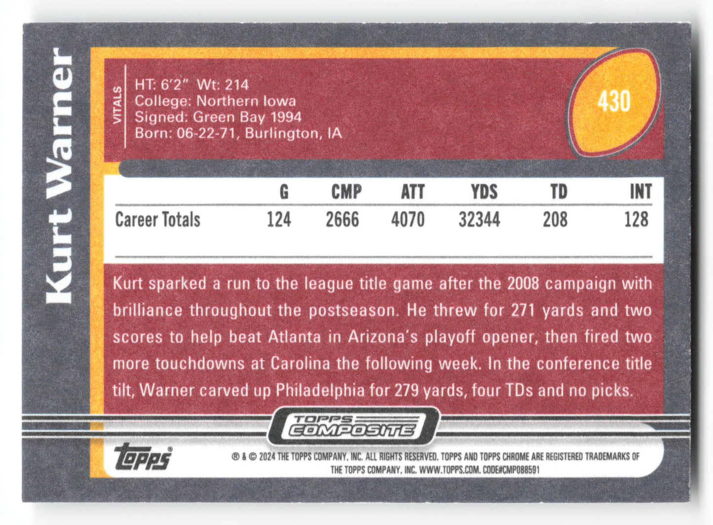 Kurt Warner - #430 - 2023 Topps Composite - Topps