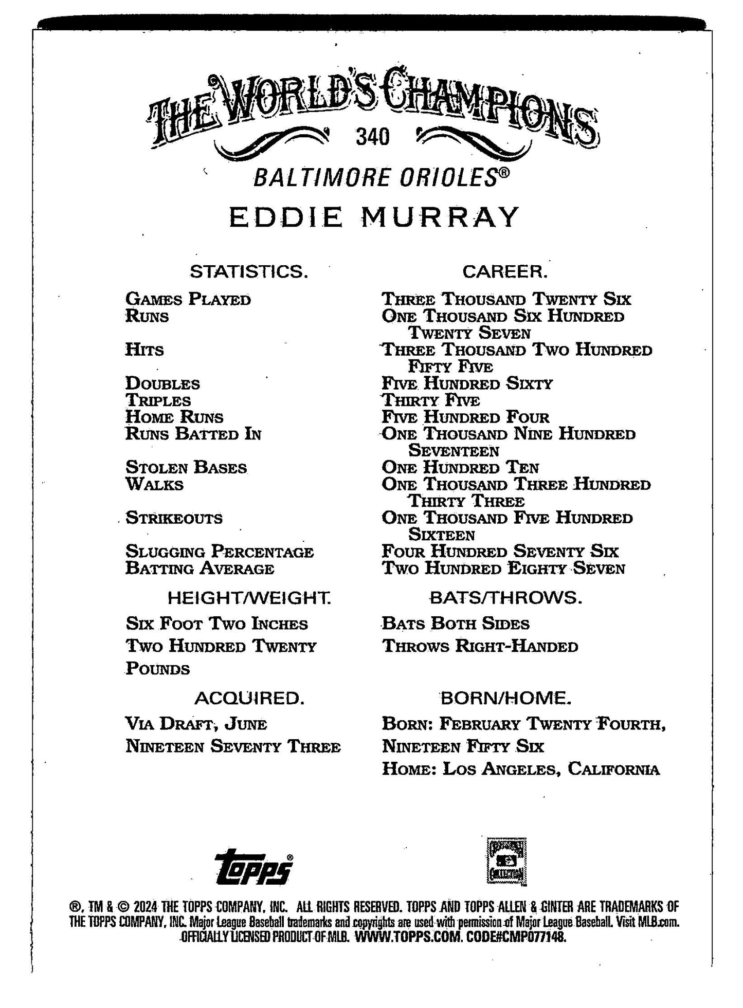 Eddie Murray - #340 - 2024 Topps Allen & Ginter - Topps