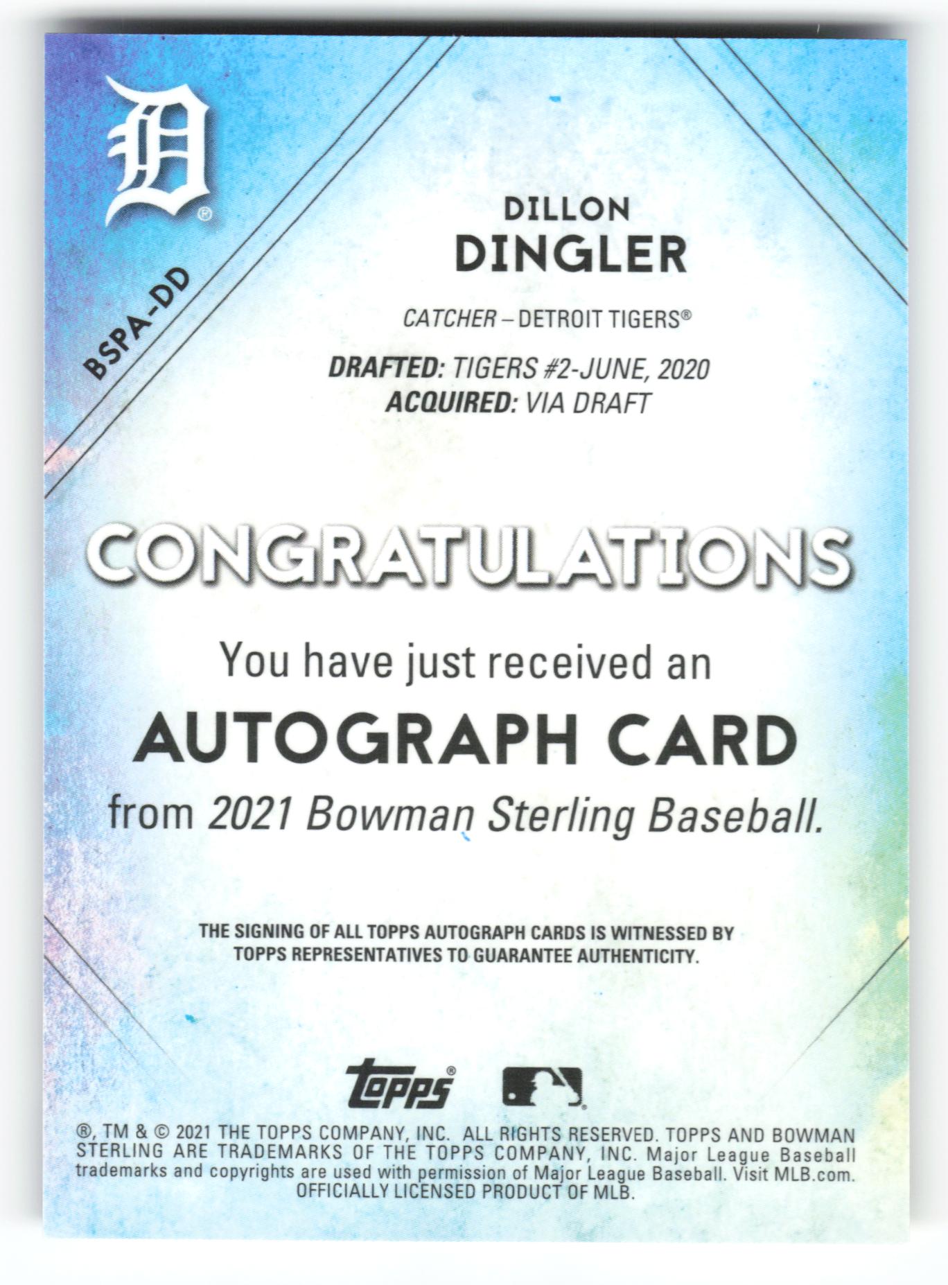 Dillon Dingler - #BSPA-DD - 2021 Bowman Sterling - Bowman