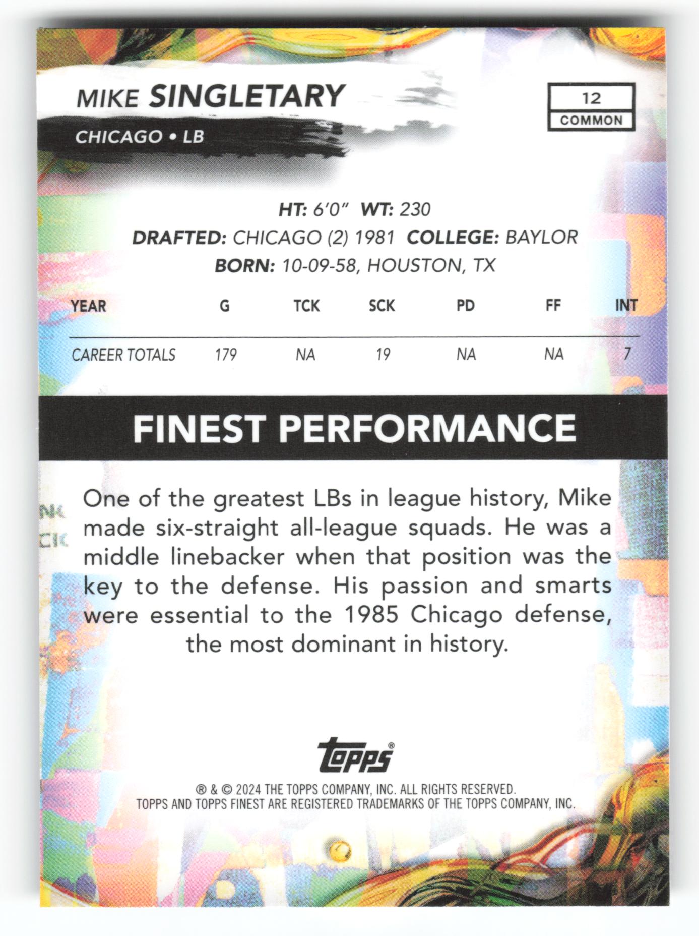 Mike Singletary - #12 - 2024 Finest - Topps